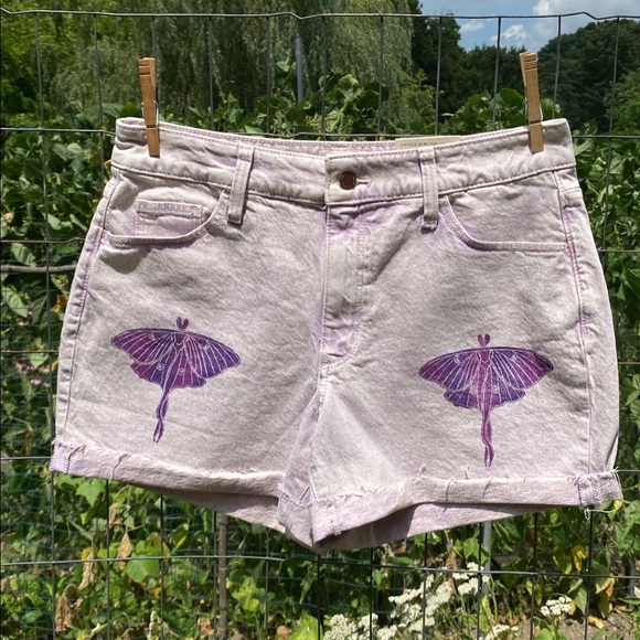 Pink & Purple Moth Denim Shorts - Picture 1 of 4